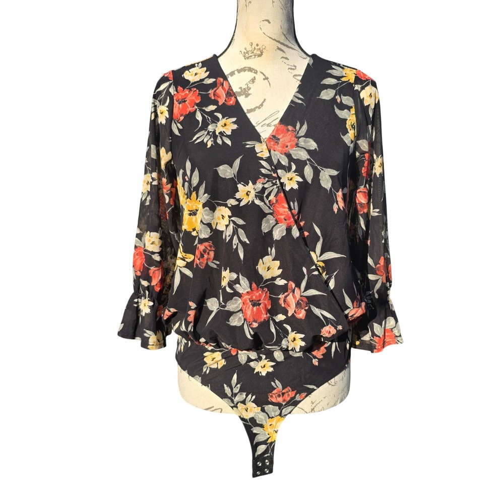 Ember Womens Black Floral Surplice Long Sleeve Bodysuit‎ Ruffle Cuff Medium